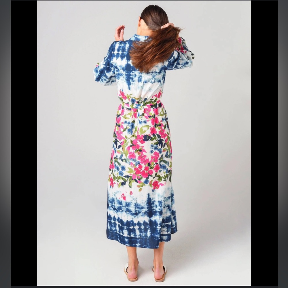 MISA floral tie dye BETTINA NWOT Smocked Tie-Waist Midi Dress XS Shirtdress $510 - Picture 4 of 9